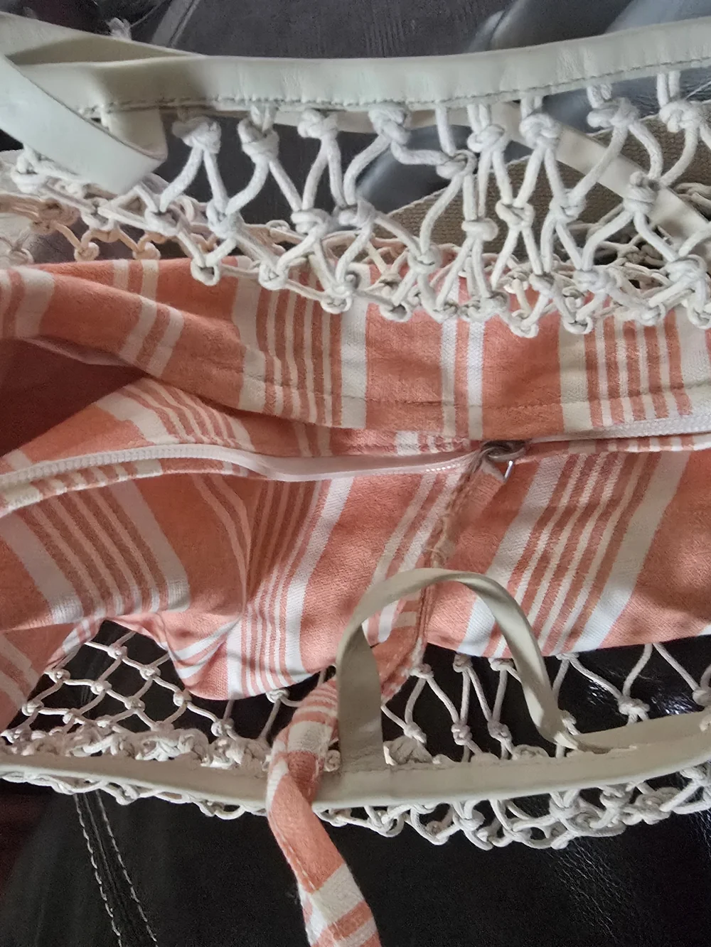 Free People Cream Net Knotted Hobo Shoulder Bag Drawstring Striped Orange Lining